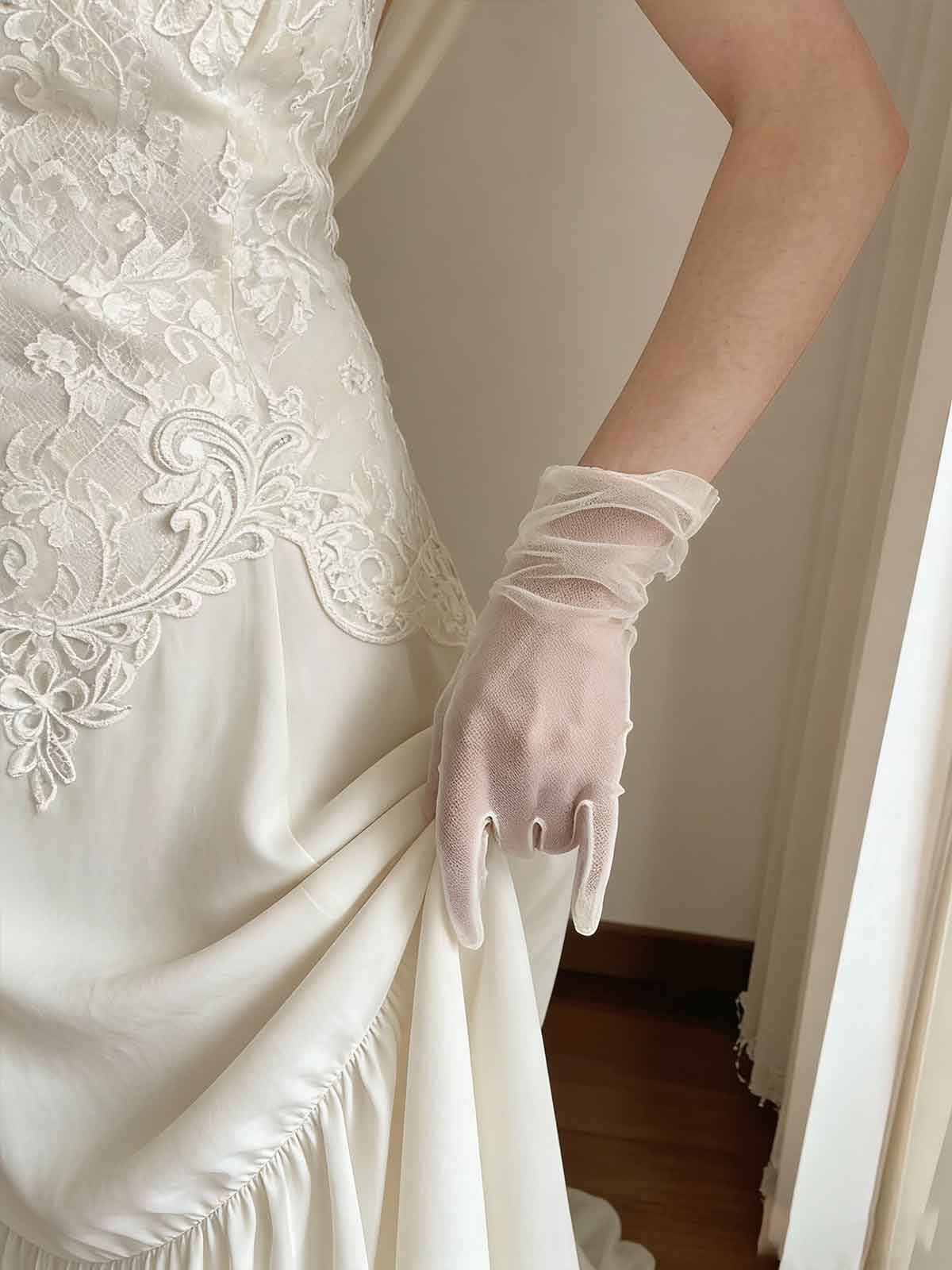 Vintage Ivory Lace Chiffon Gown with Draped Neckline & Floral Shoulders