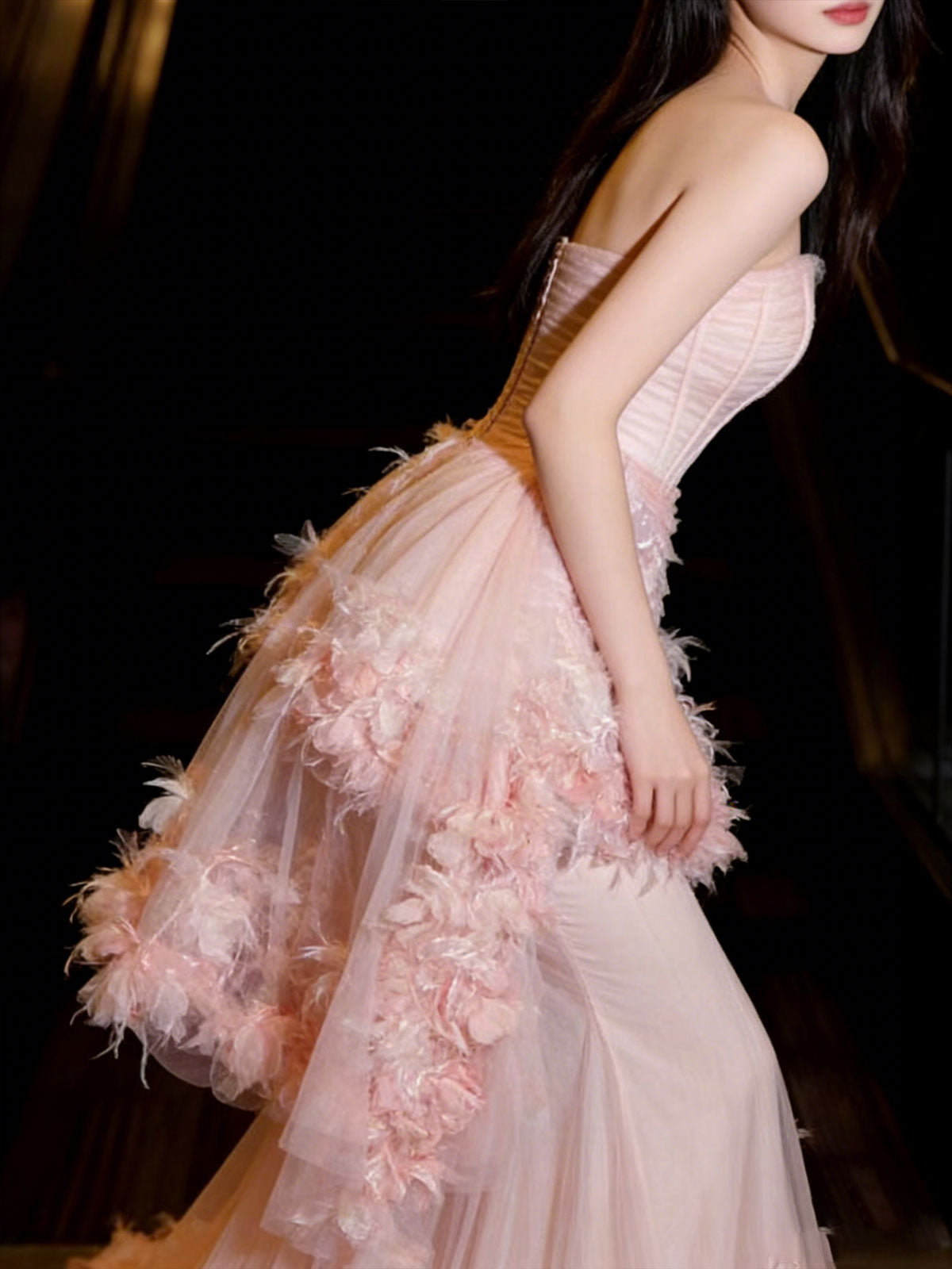 Blush Pink Strapless Gown with 3D Floral Appliqué & Sheer Tulle Skirt