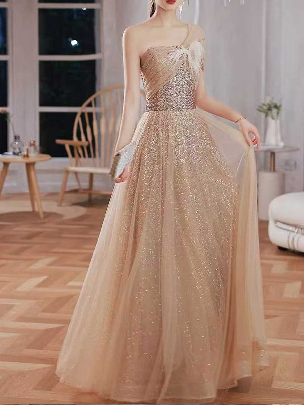 Champagne Gold One-Shoulder Sequin Tulle Evening Gown with Feather Detail