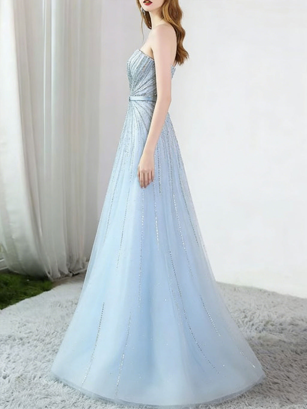 Ice Blue Crystal Beaded Strapless A-Line Evening Gown with Vertical Rhinestone Detailing