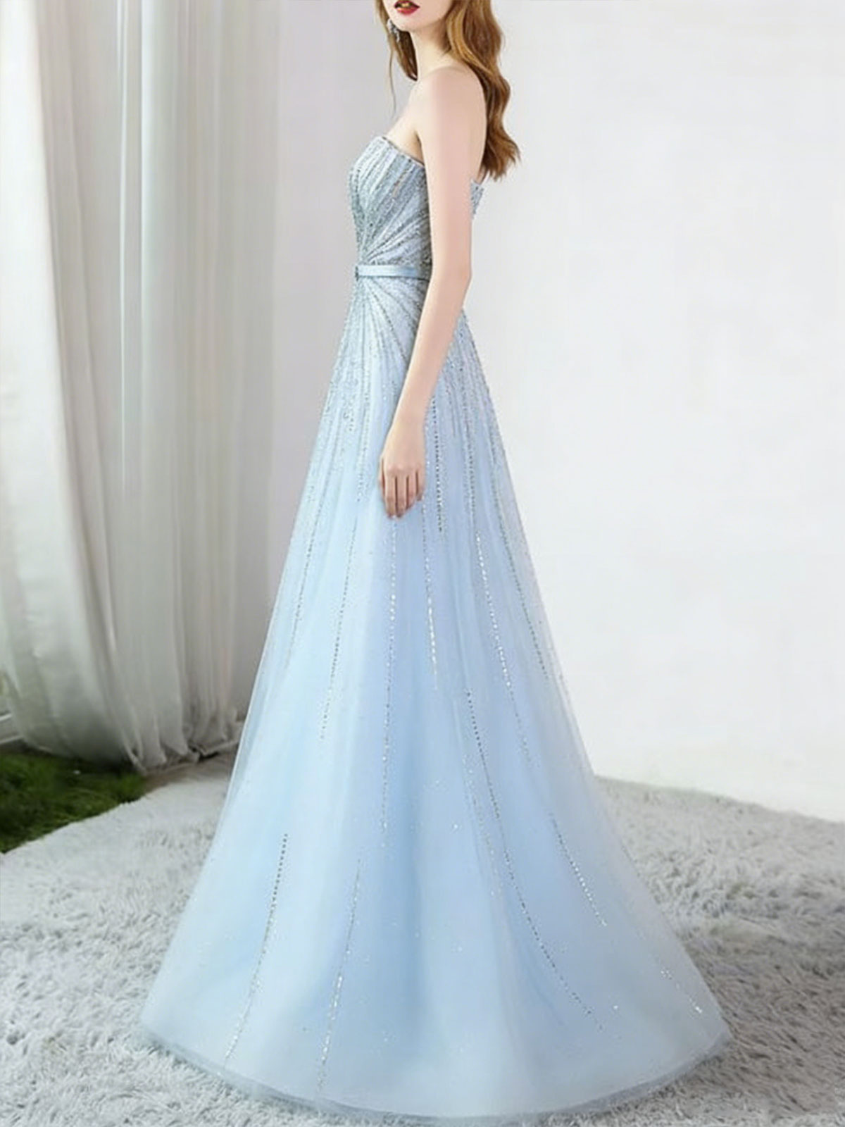 Ice Blue Crystal Beaded Strapless A-Line Evening Gown with Vertical Rhinestone Detailing