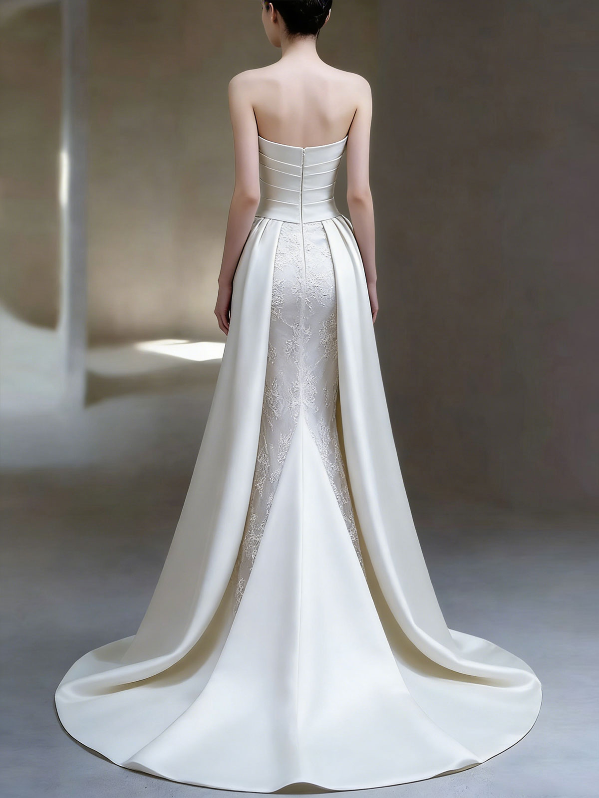 Strapless Satin Lace Mermaid Wedding Dress with Overskirt Train