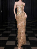 Gold Strapless Crystal-Embellished Sheer Mermaid Evening Gown