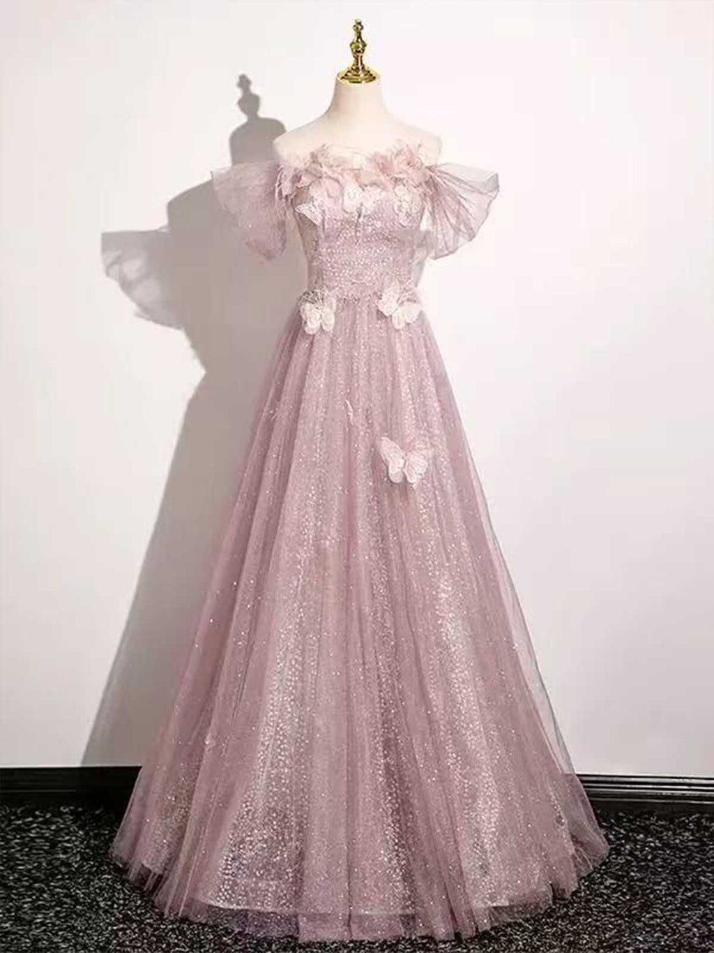 Blush Pink 3D Butterfly Floral Off-the-Shoulder A-Line Prom Gown