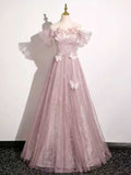 Blush Pink 3D Butterfly Floral Off-the-Shoulder A-Line Prom Gown
