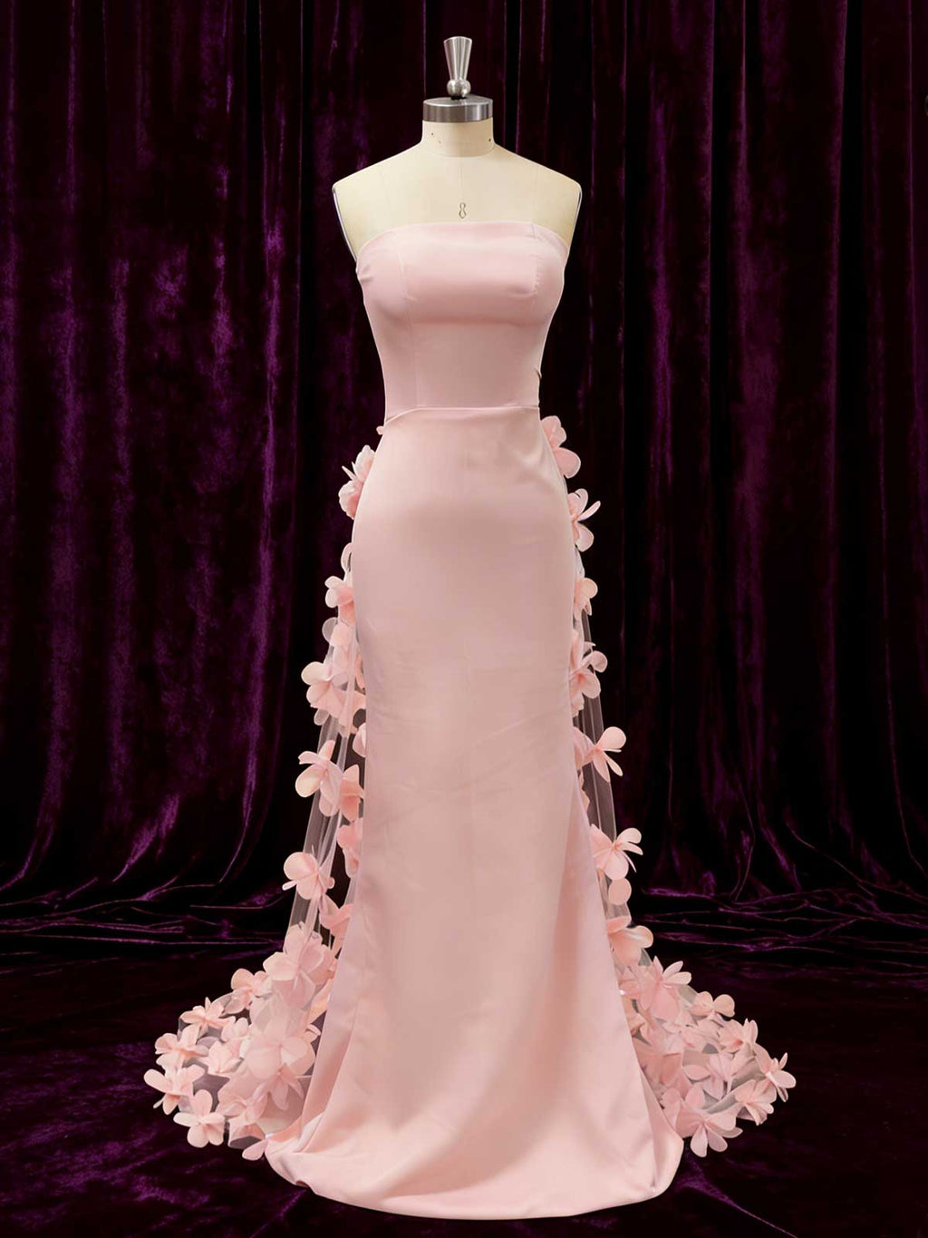 Luxury Pink Satin Formal Gown with 3D Floral Train for Special Occasions