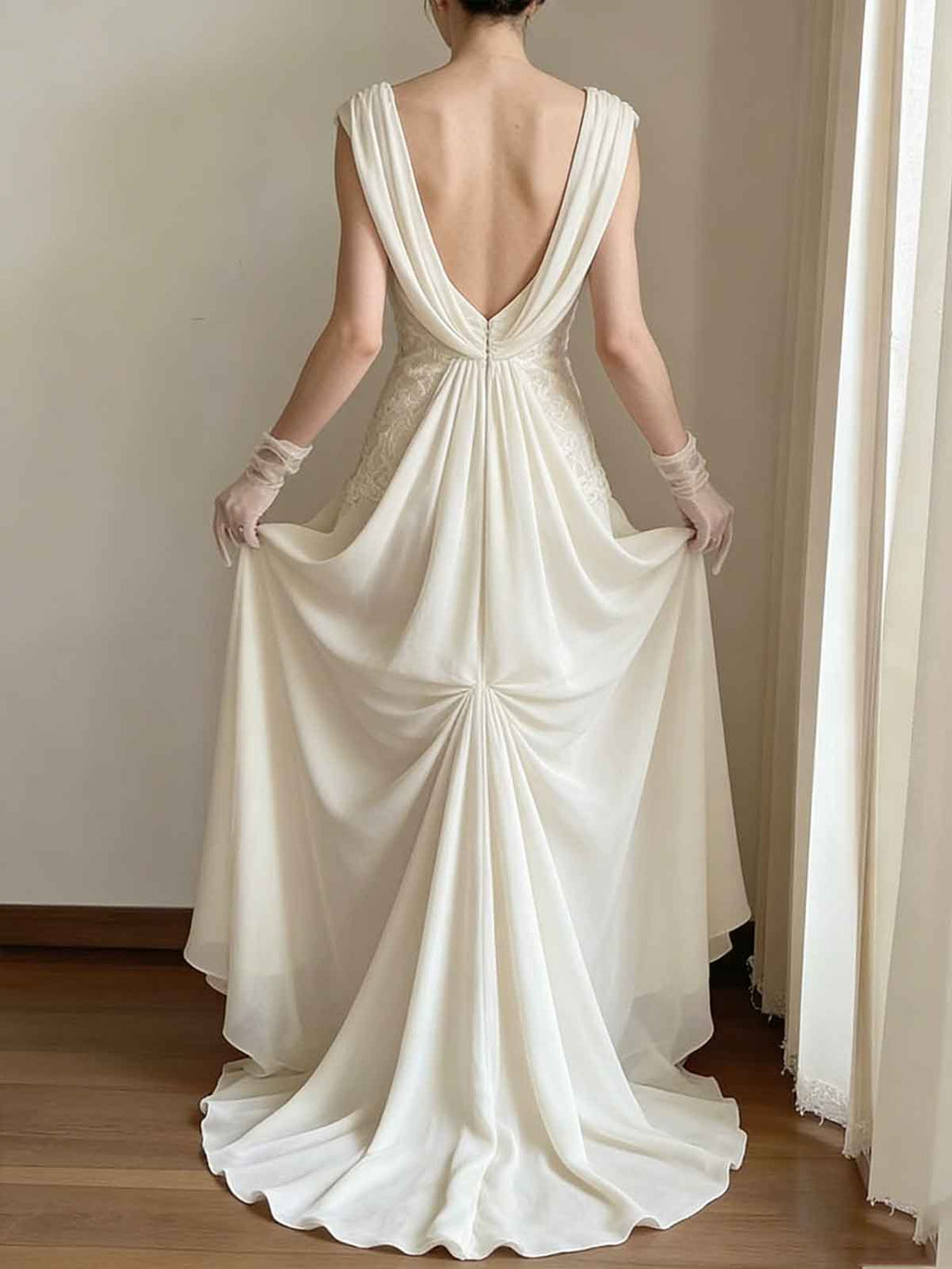 Vintage Ivory Lace Chiffon Gown with Draped Neckline & Floral Shoulders