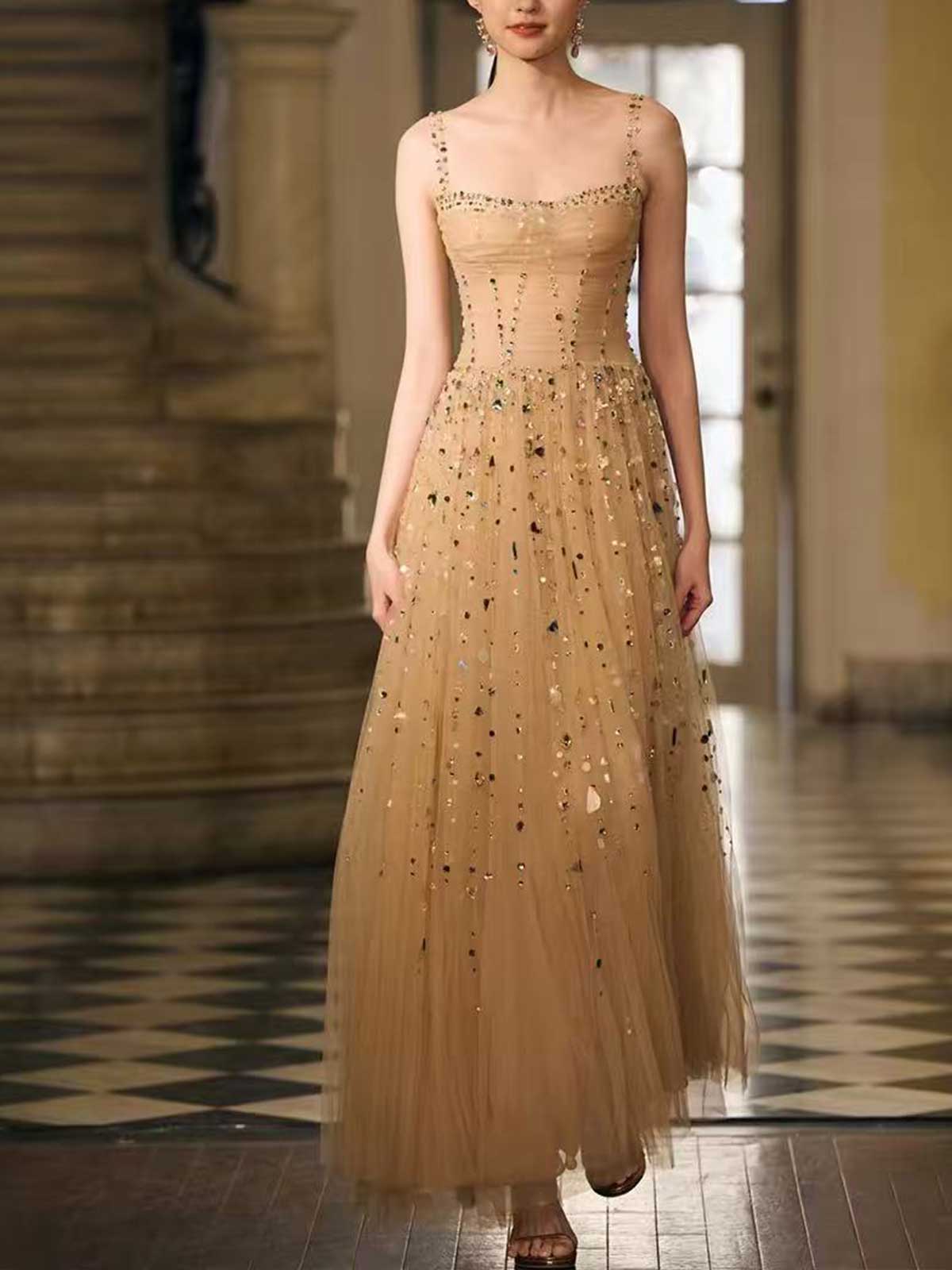 Nude Spaghetti Strap Corset Tulle Evening Gown with Multi-Color Crystal Beading