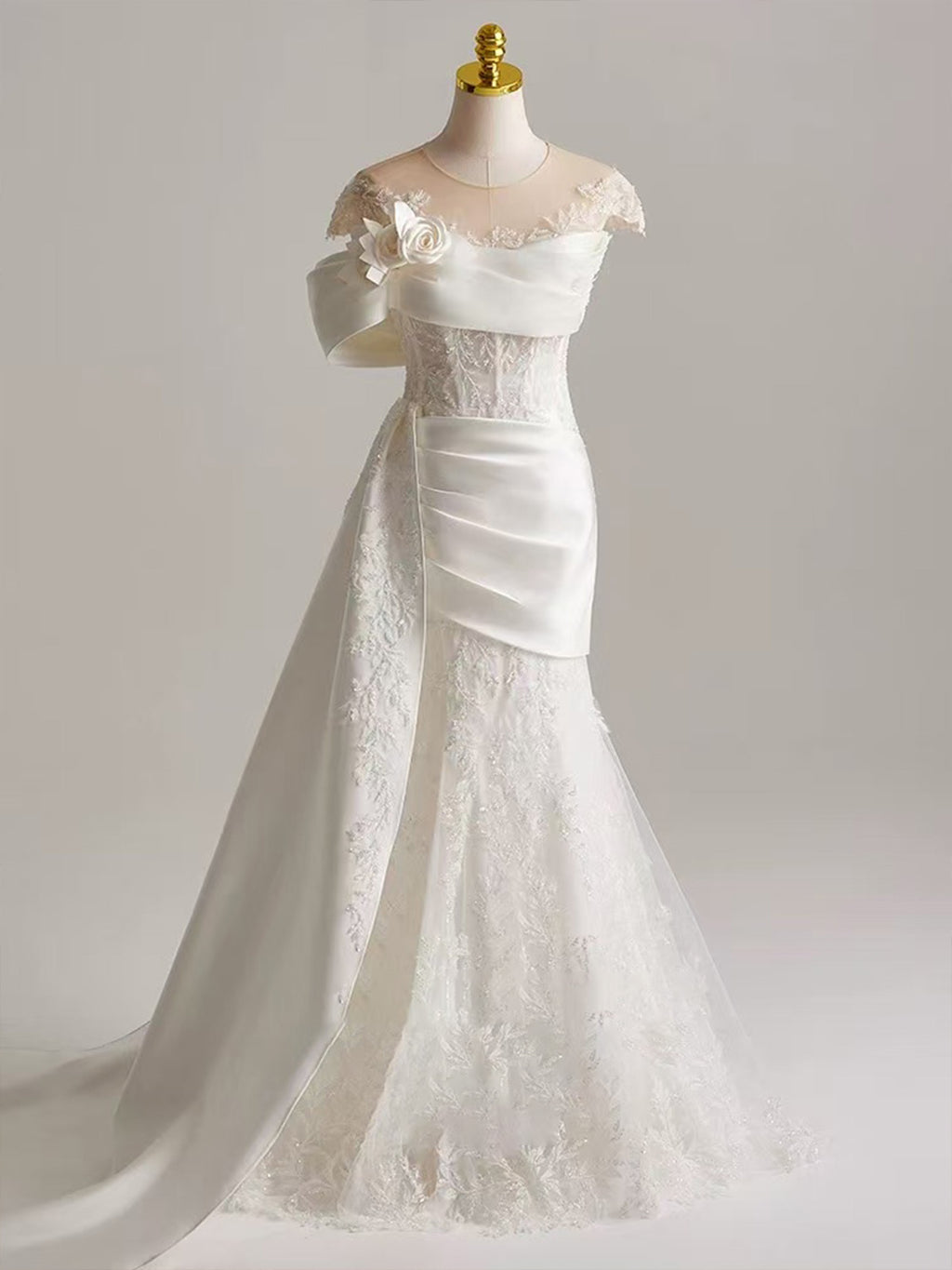 Illusion Off Shoulder 3D Floral Lace Mermaid Train Wedding Gown