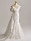 Illusion Off Shoulder 3D Floral Lace Mermaid Train Wedding Gown