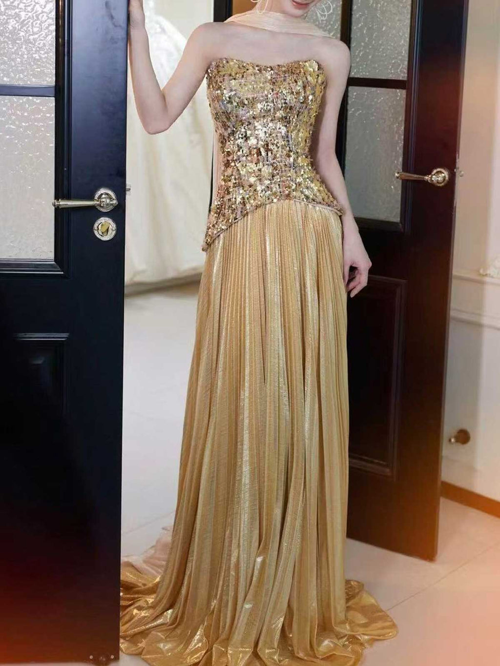 Gold Strapless Sequin Corset Evening Gown with Pleated Metallic Skirt