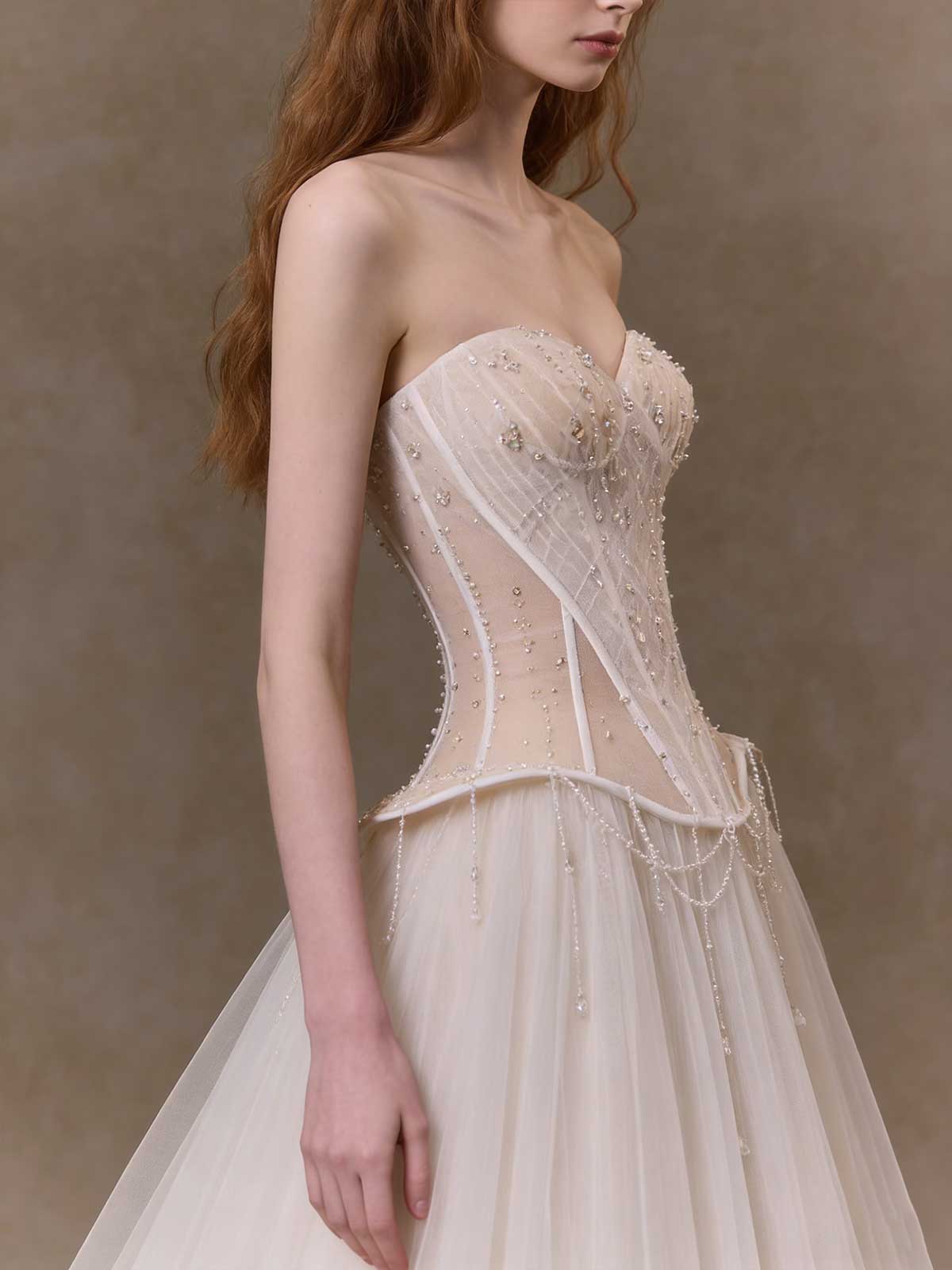 Vintage Corset Tulle Gown with Beaded Fringe & Sweetheart Neckline