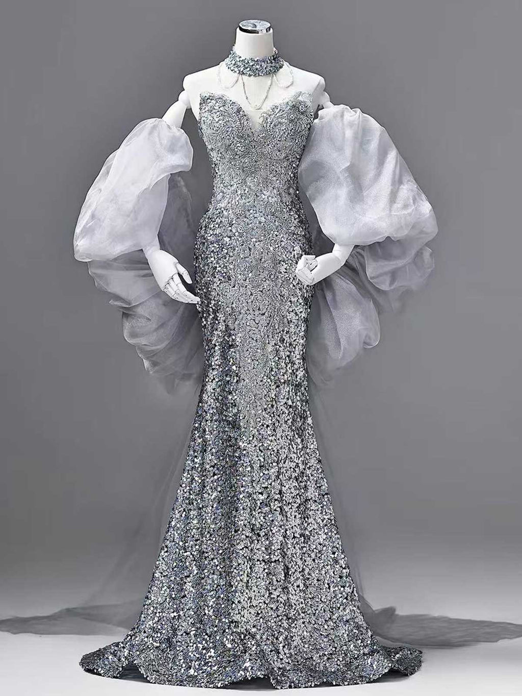 Silver Sequin Mermaid Evening Gown with Detachable Puff Tulle Sleeves