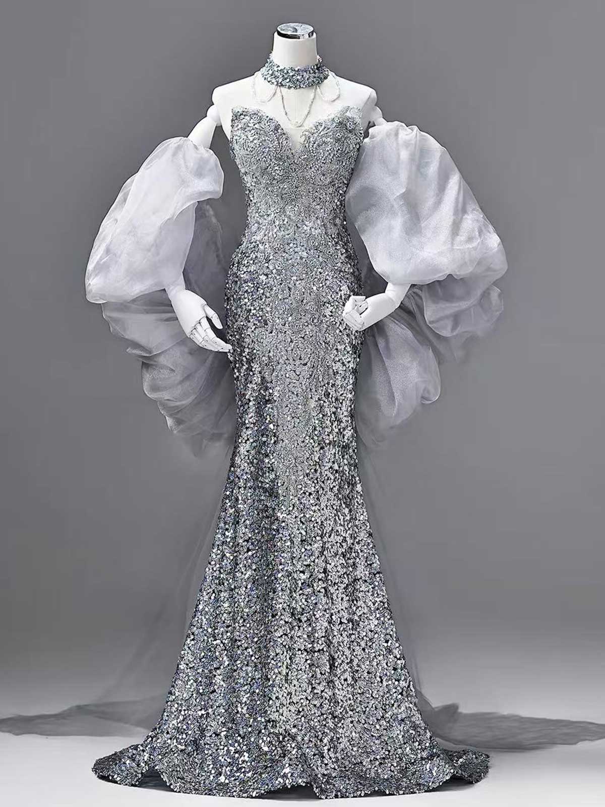 Silver Sequin Mermaid Evening Gown with Detachable Puff Tulle Sleeves