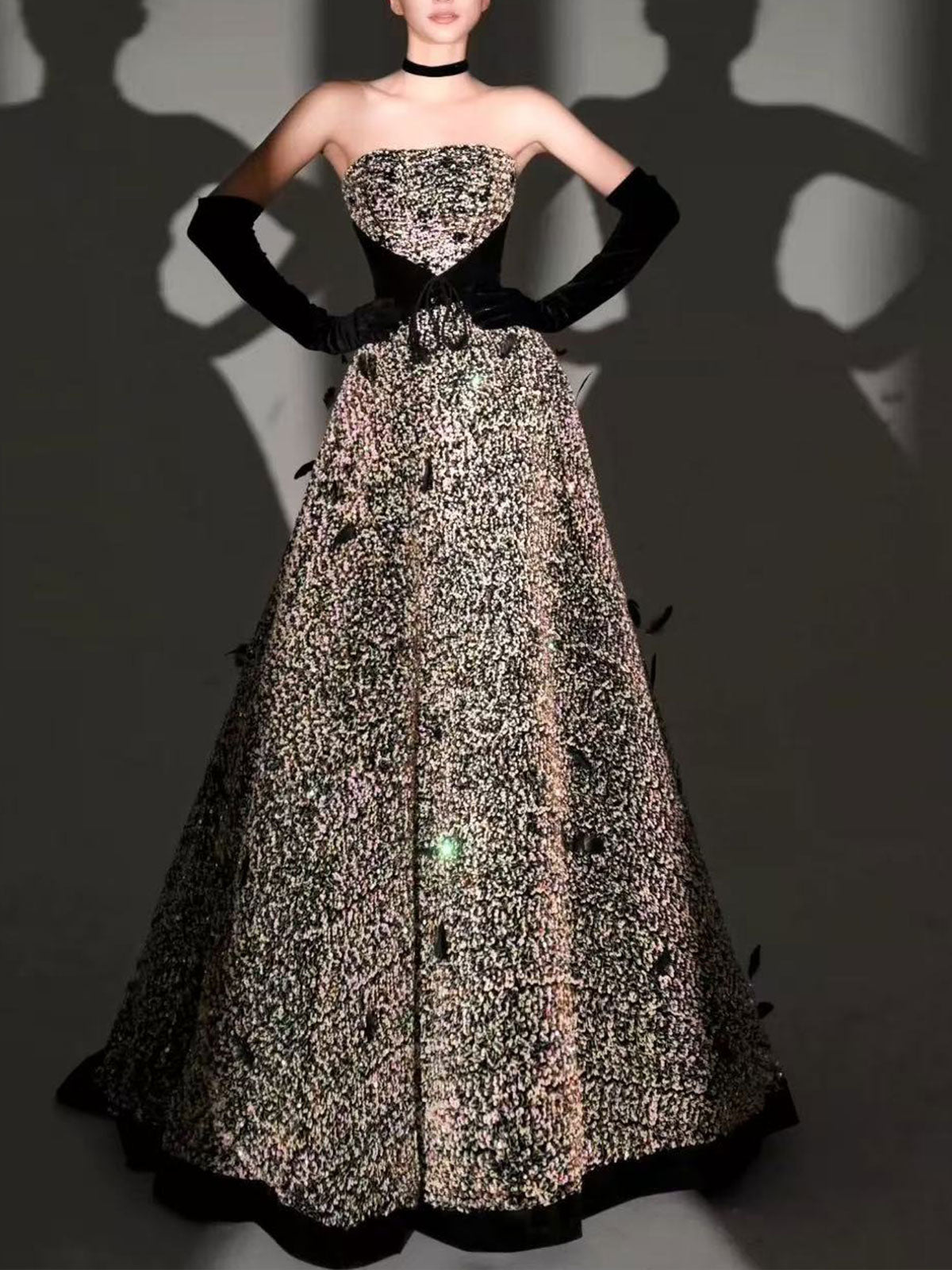 Strapless Sequin Feather Velvet Trim A-Line Evening Formal Gown