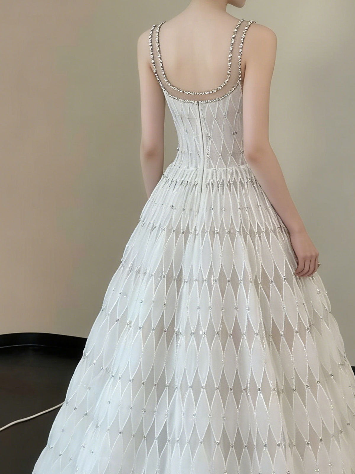 White Sleeveless Gown with Diamond Texture & Crystal Embellished Neckline