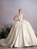 Ivory Satin 3D Floral Strapless Ball Gown Wedding Dress with Train
