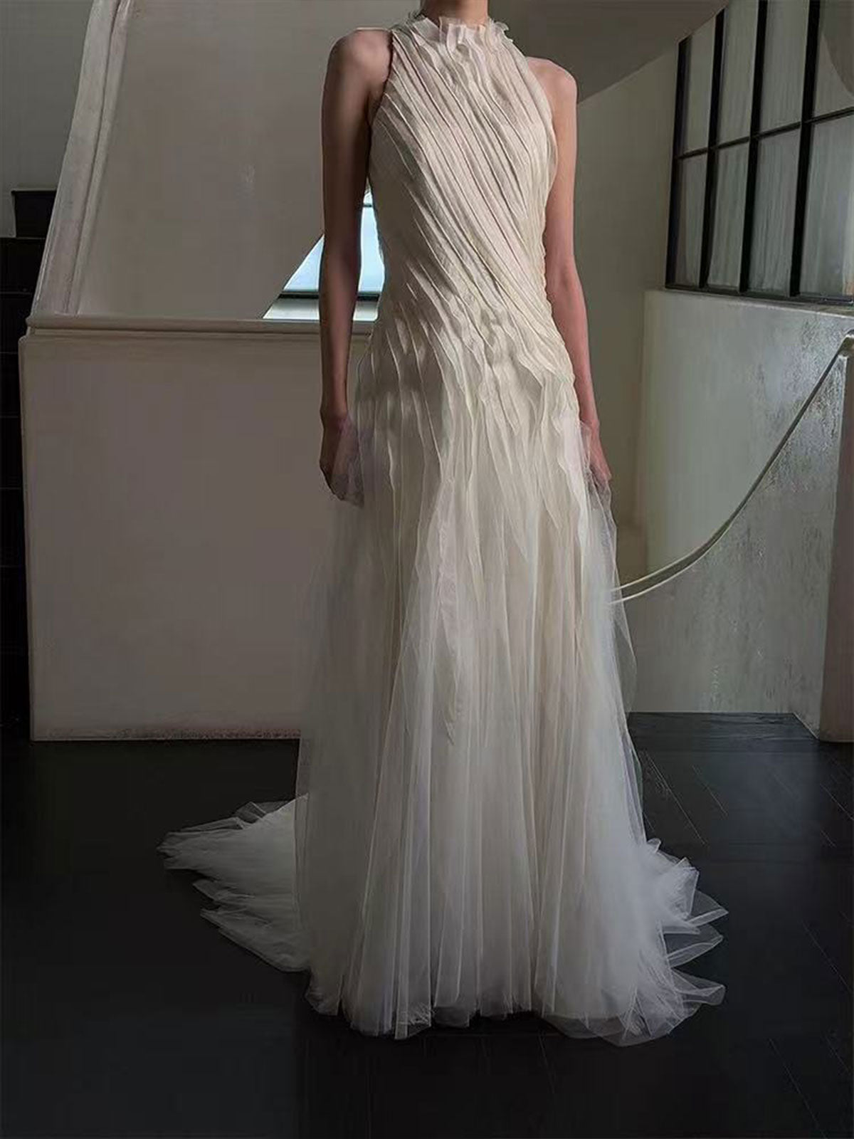 Ivory Halter Neck Ruched Tulle A-Line Wedding Dress