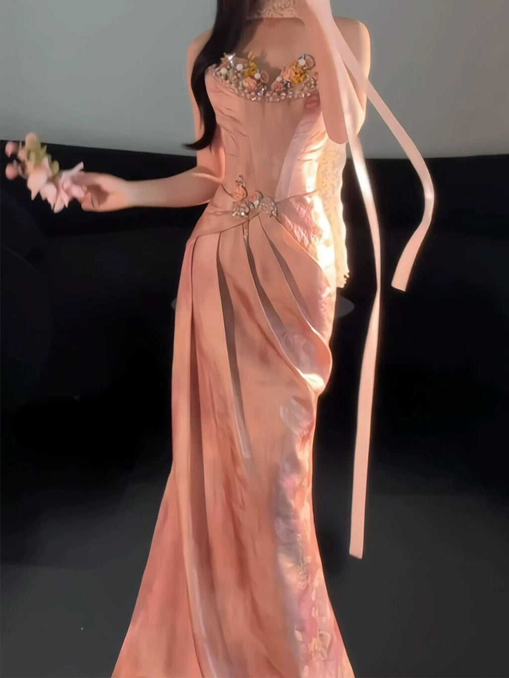 Elegant Blush Pink Satin Mermaid Evening Gown with Floral Appliqués