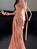 Elegant Blush Pink Satin Mermaid Evening Gown with Floral Appliqués