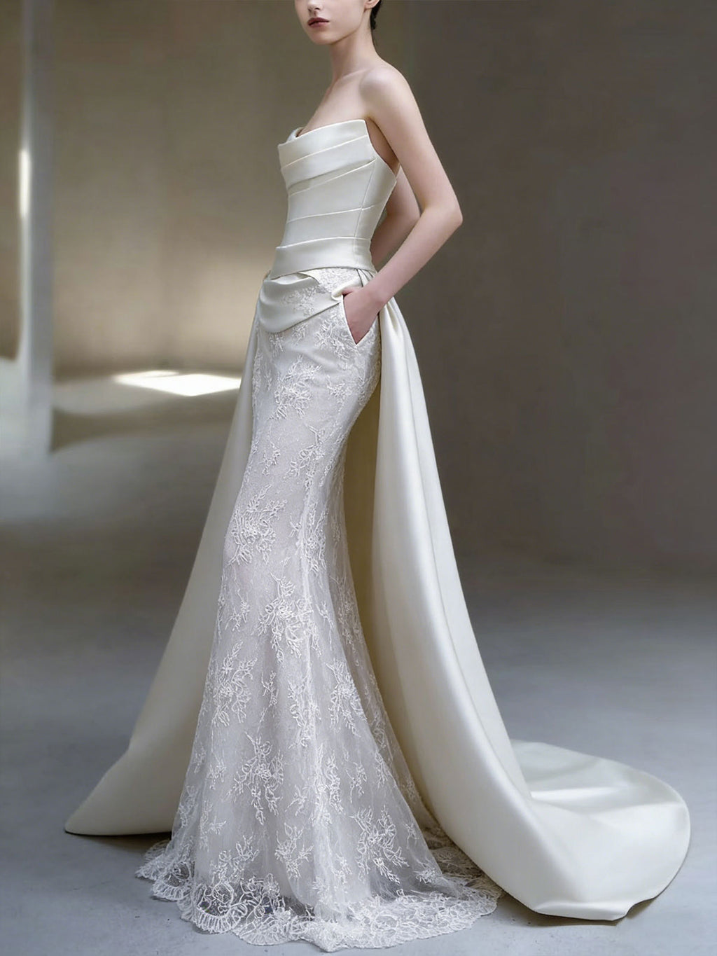Strapless Satin Lace Mermaid Wedding Dress with Overskirt Train