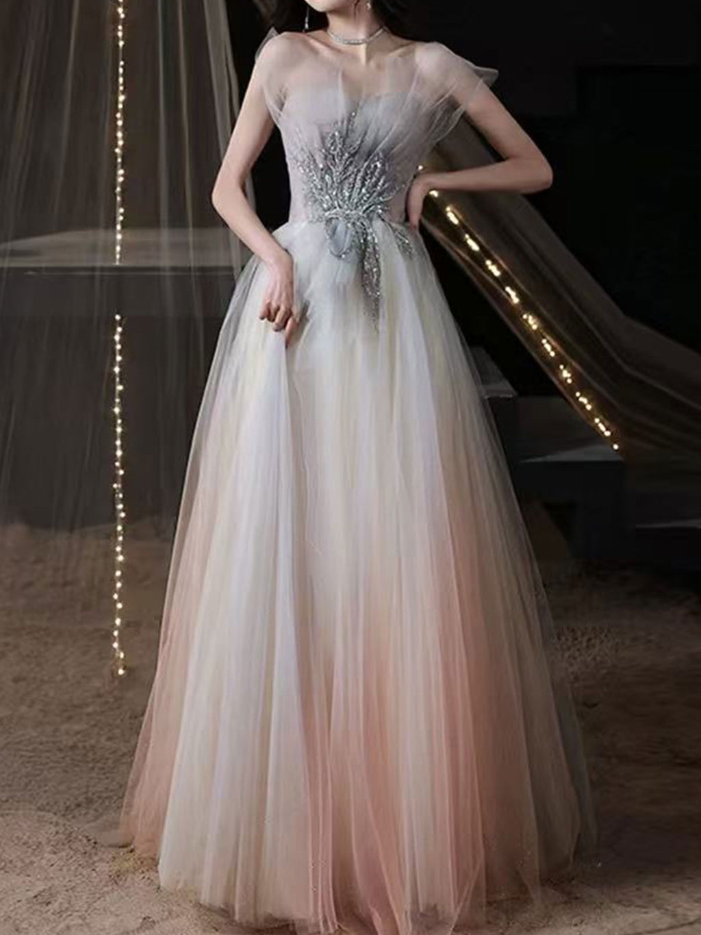Off Shoulder Ombre Pink Tulle Beaded A-Line Evening Prom Dress