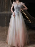 Off Shoulder Ombre Pink Tulle Beaded A-Line Evening Prom Dress
