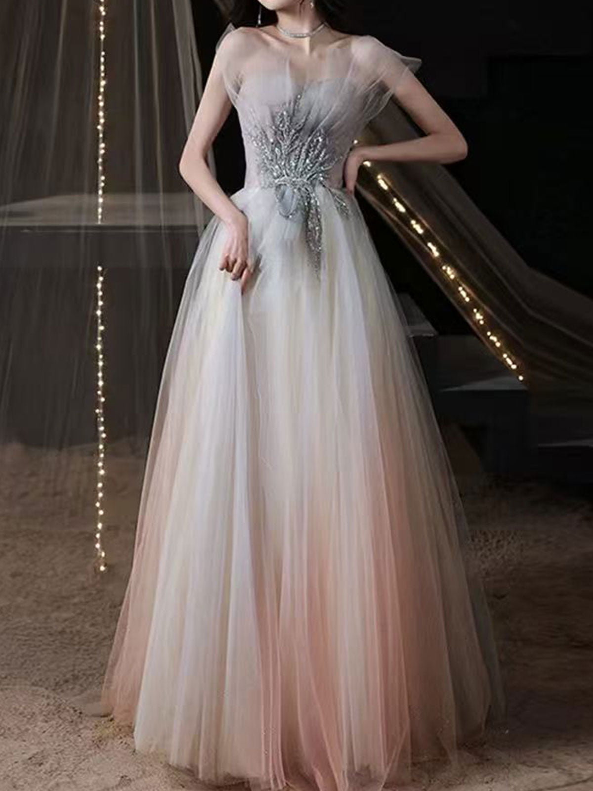 Off Shoulder Ombre Pink Tulle Beaded A-Line Evening Prom Dress