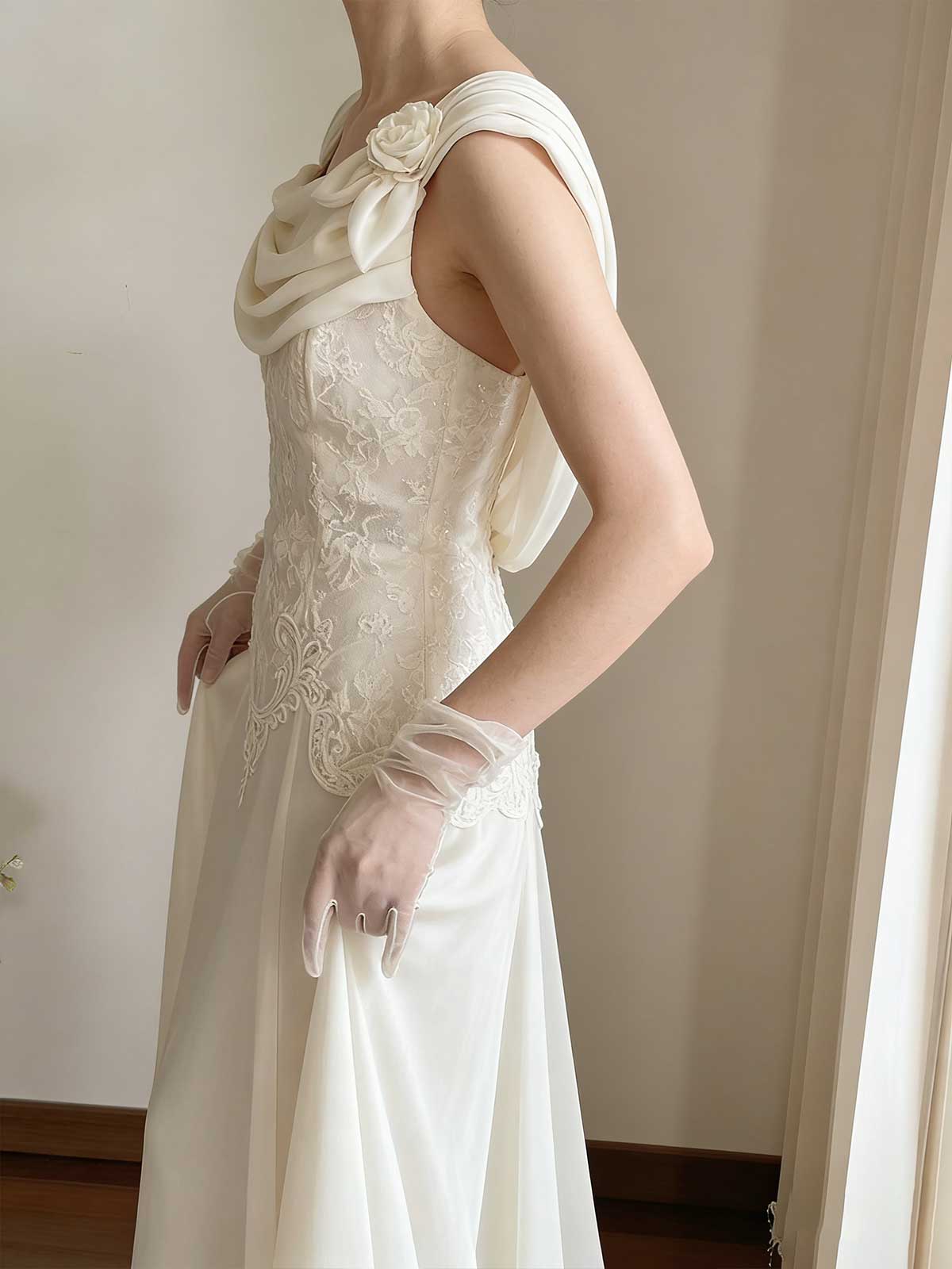 Vintage Ivory Lace Chiffon Gown with Draped Neckline & Floral Shoulders