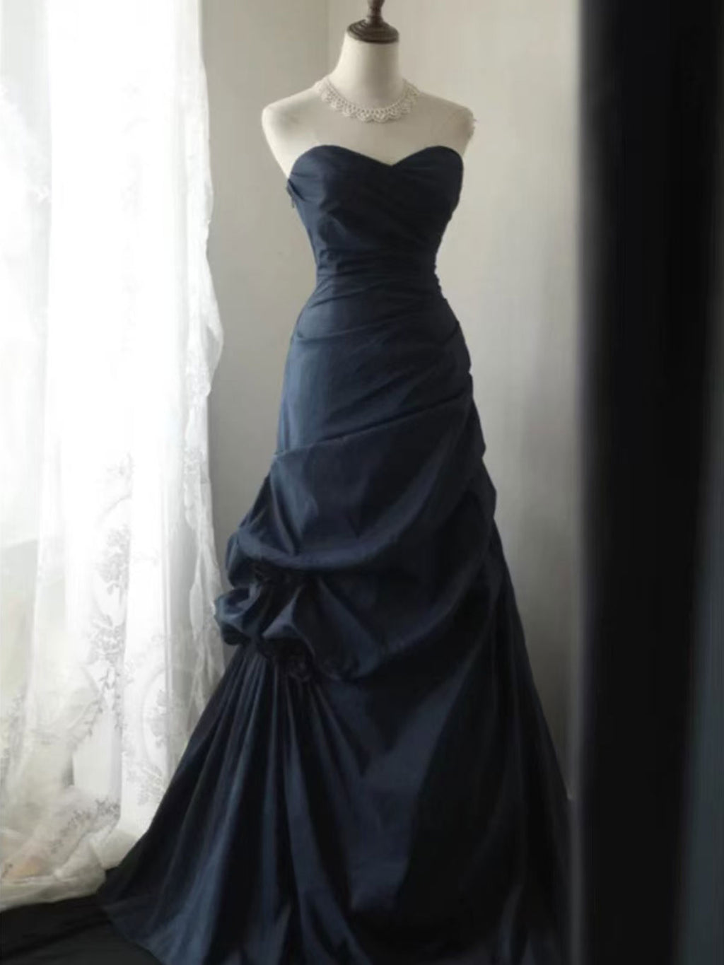 Navy Blue Strapless Ruched Satin Mermaid Evening Gown