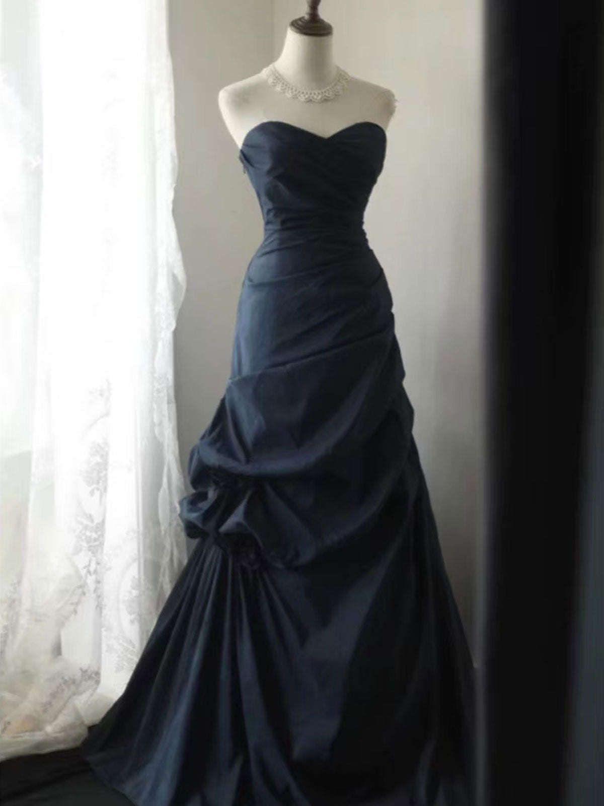 Navy Blue Strapless Ruched Satin Mermaid Evening Gown