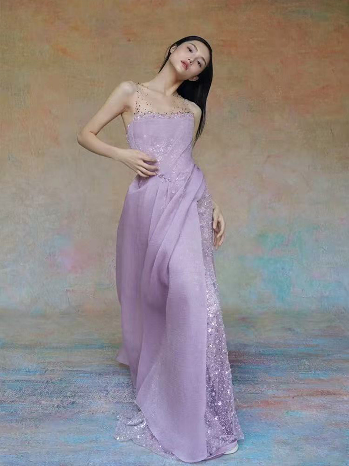 Sheer Neck Lavender Beaded Tulle Draped Satin Evening Gown