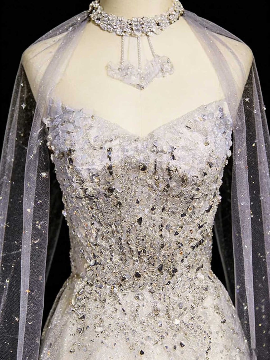 Lavender Gray Beaded Cape Sleeve Mermaid Evening Gown with Train