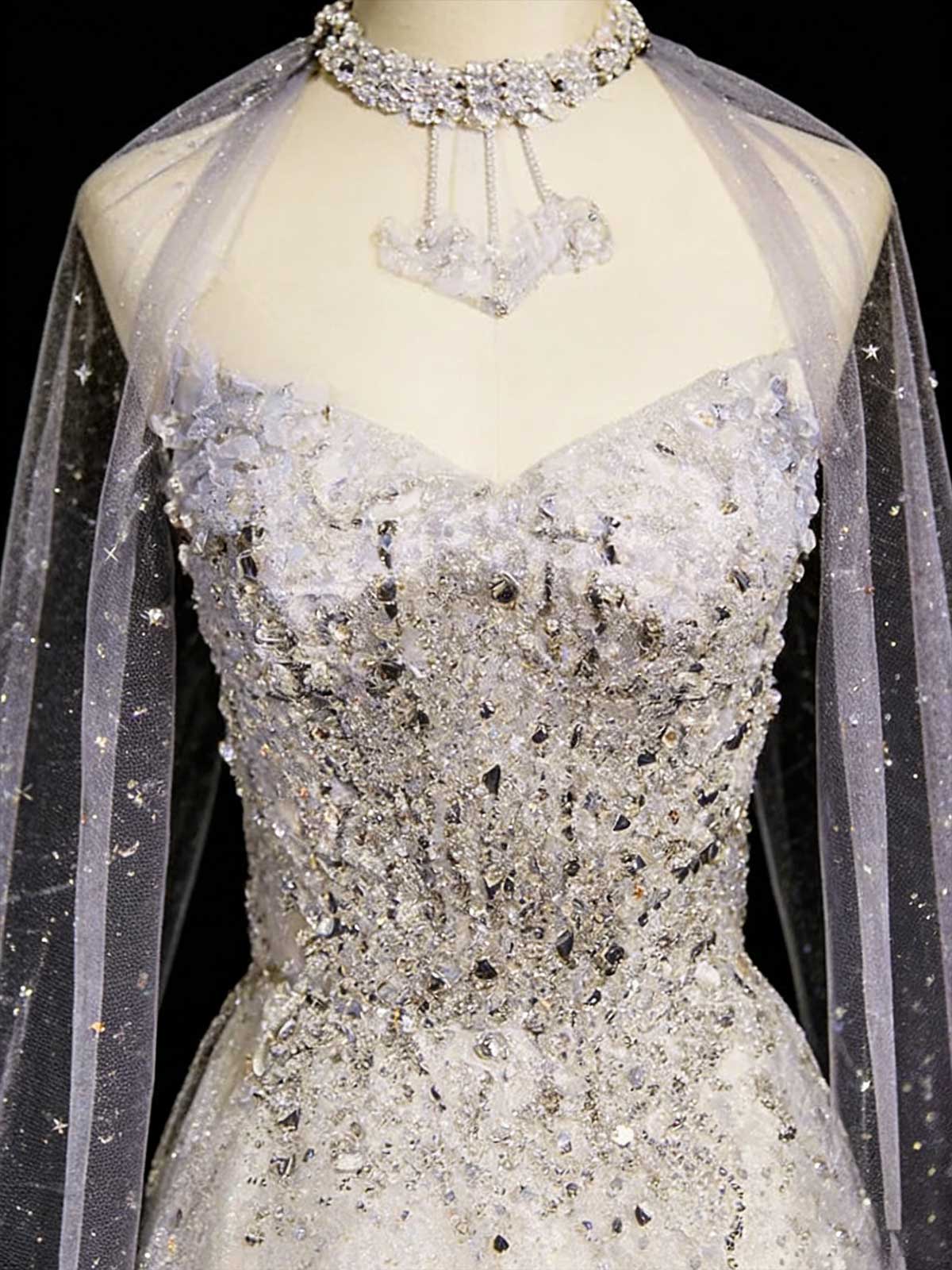 Lavender Gray Beaded Cape Sleeve Mermaid Evening Gown with Train