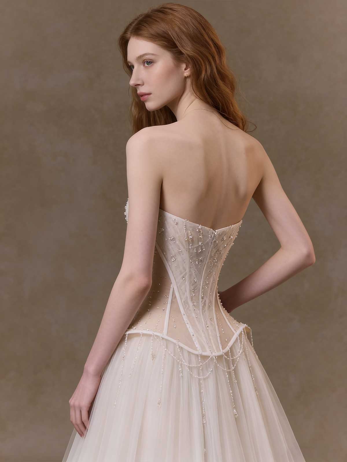 Vintage Corset Tulle Gown with Beaded Fringe & Sweetheart Neckline