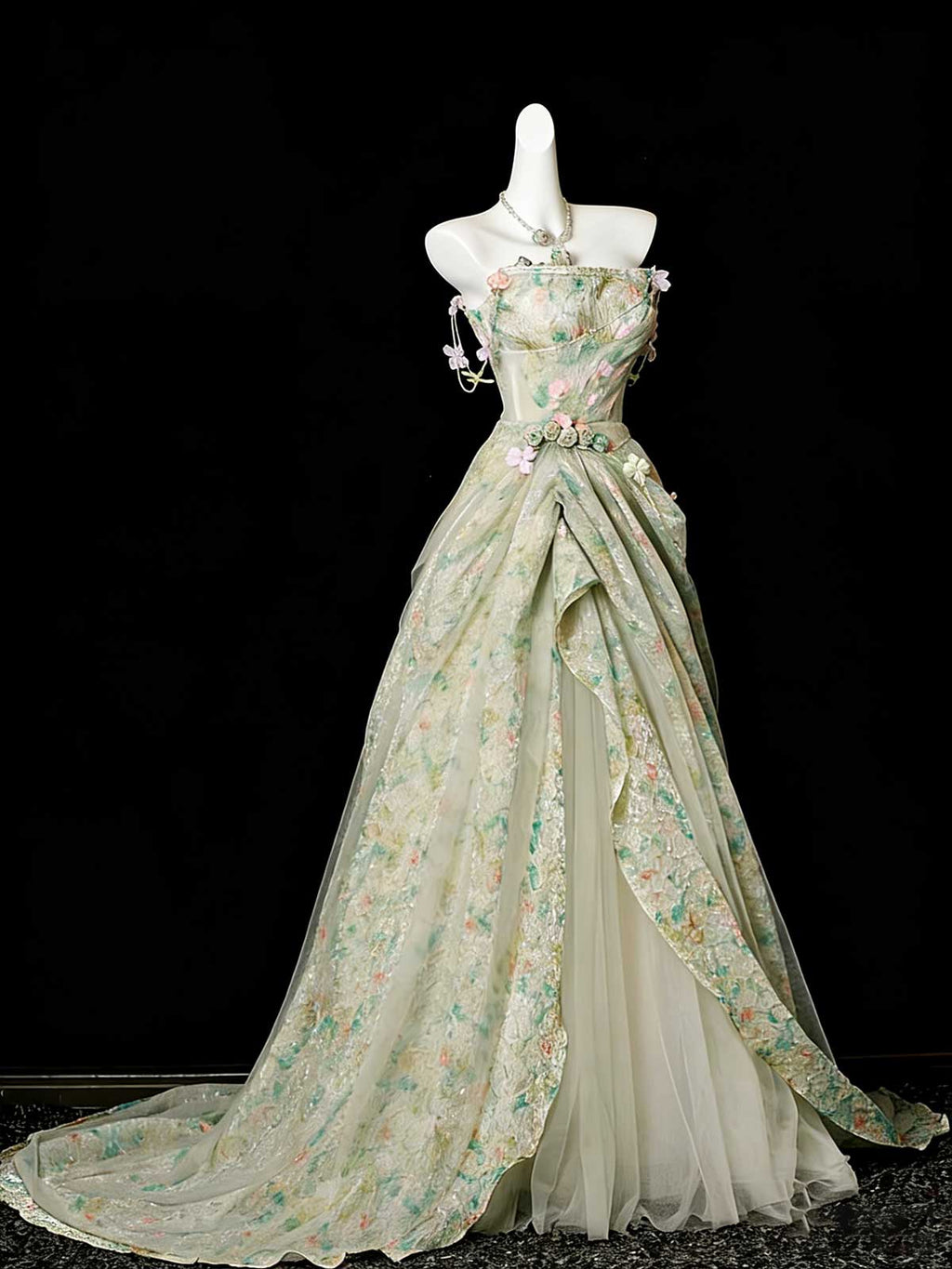 Enchanting Mint Green Floral Print Ball Gown with Train