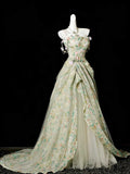 Enchanting Mint Green Floral Print Ball Gown with Train