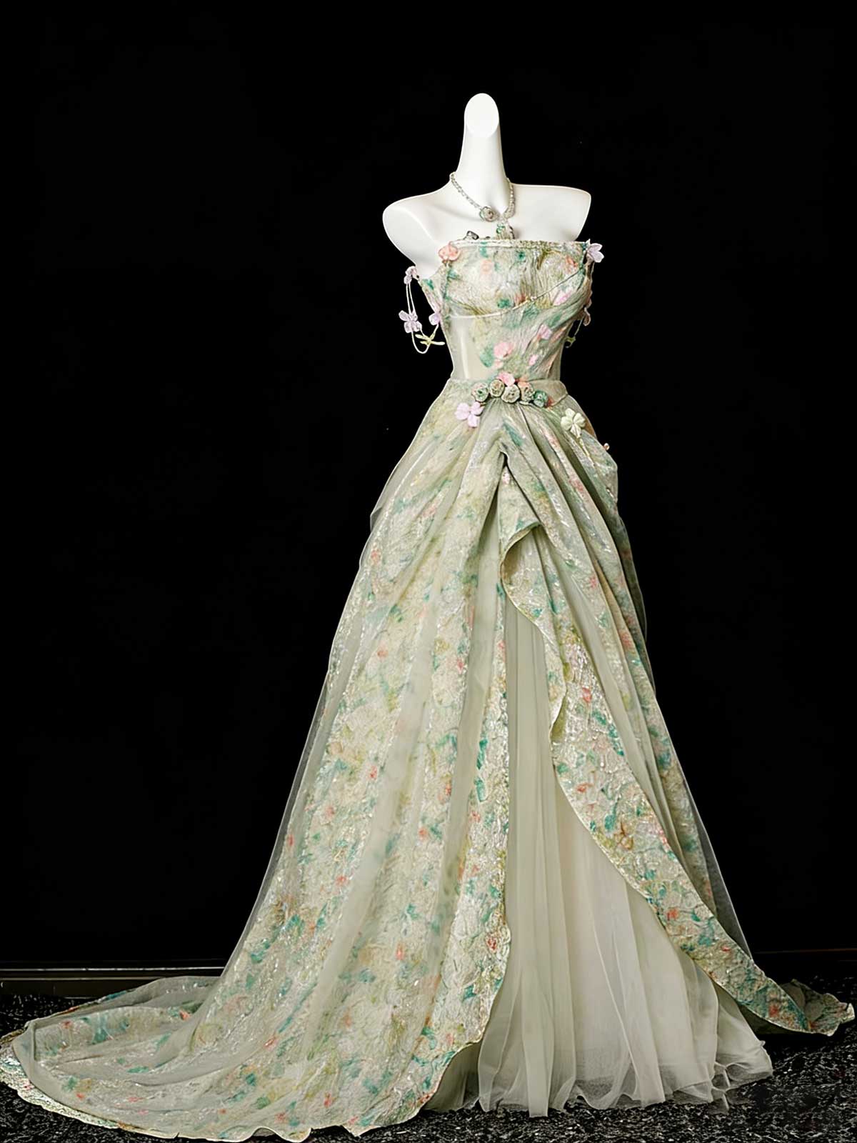 Enchanting Mint Green Floral Print Ball Gown with Train