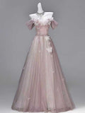 Dusty Pink Off-the-Shoulder Tulle Gown with 3D Butterfly Appliqués