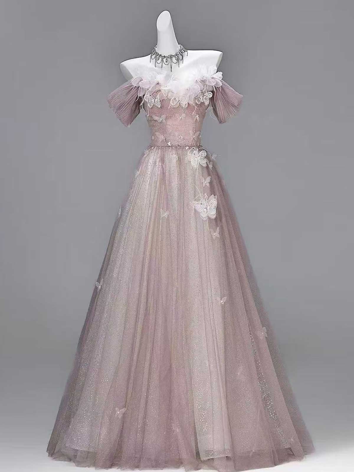 Dusty Pink Off-the-Shoulder Tulle Gown with 3D Butterfly Appliqués