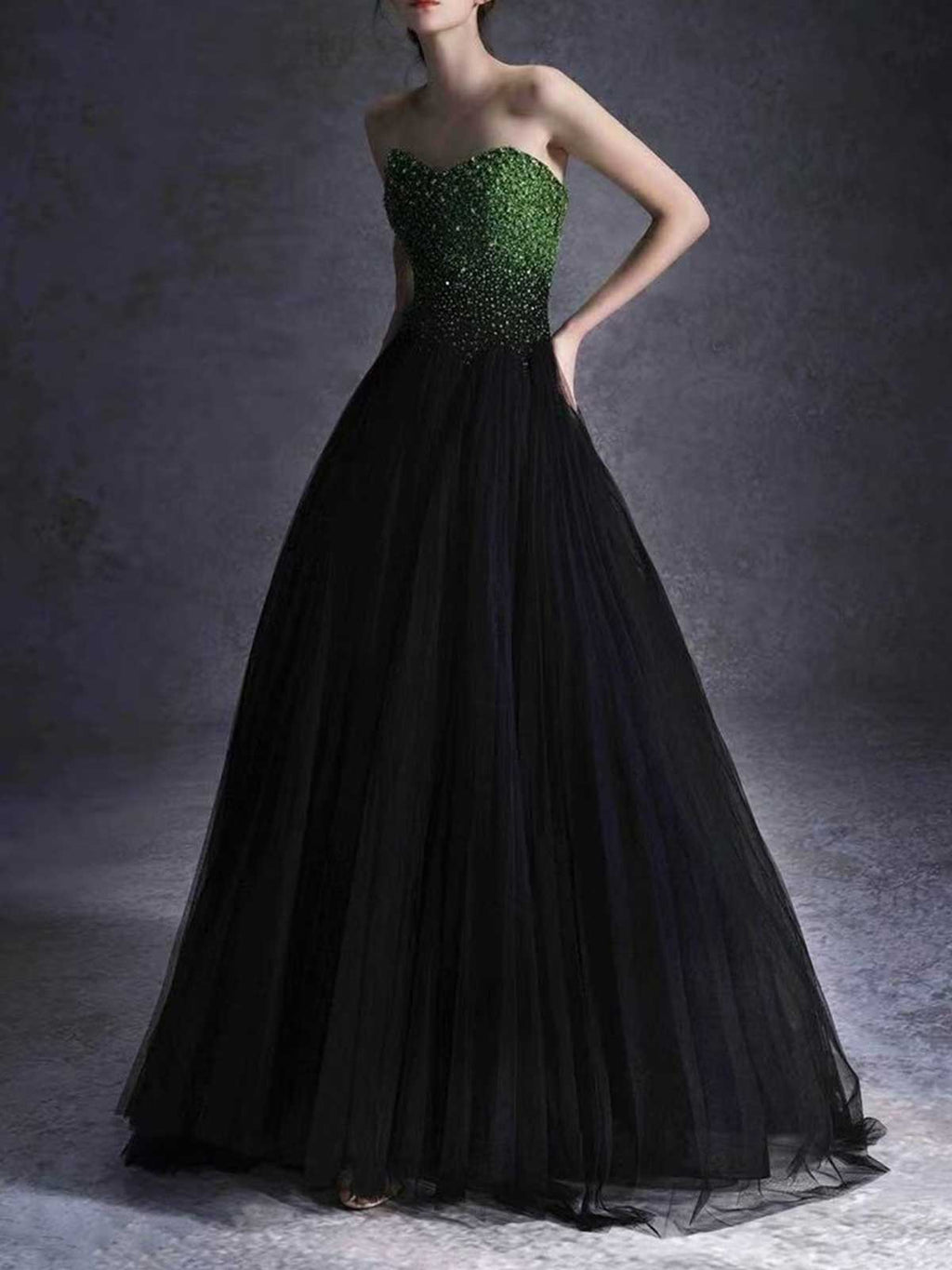 Green to Black Ombre Strapless Ball Gown with Beaded Bodice