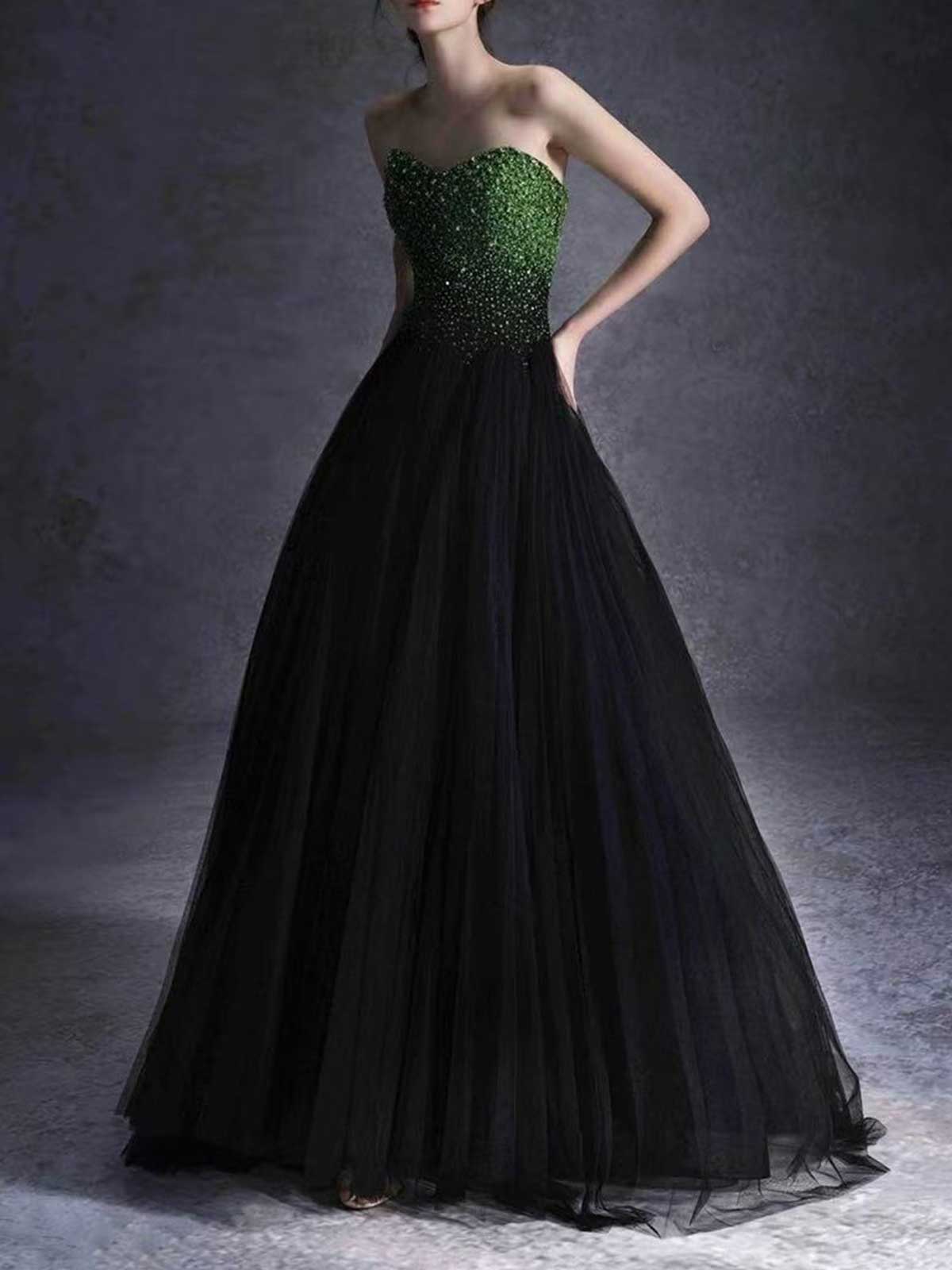 Green to Black Ombre Strapless Ball Gown with Beaded Bodice