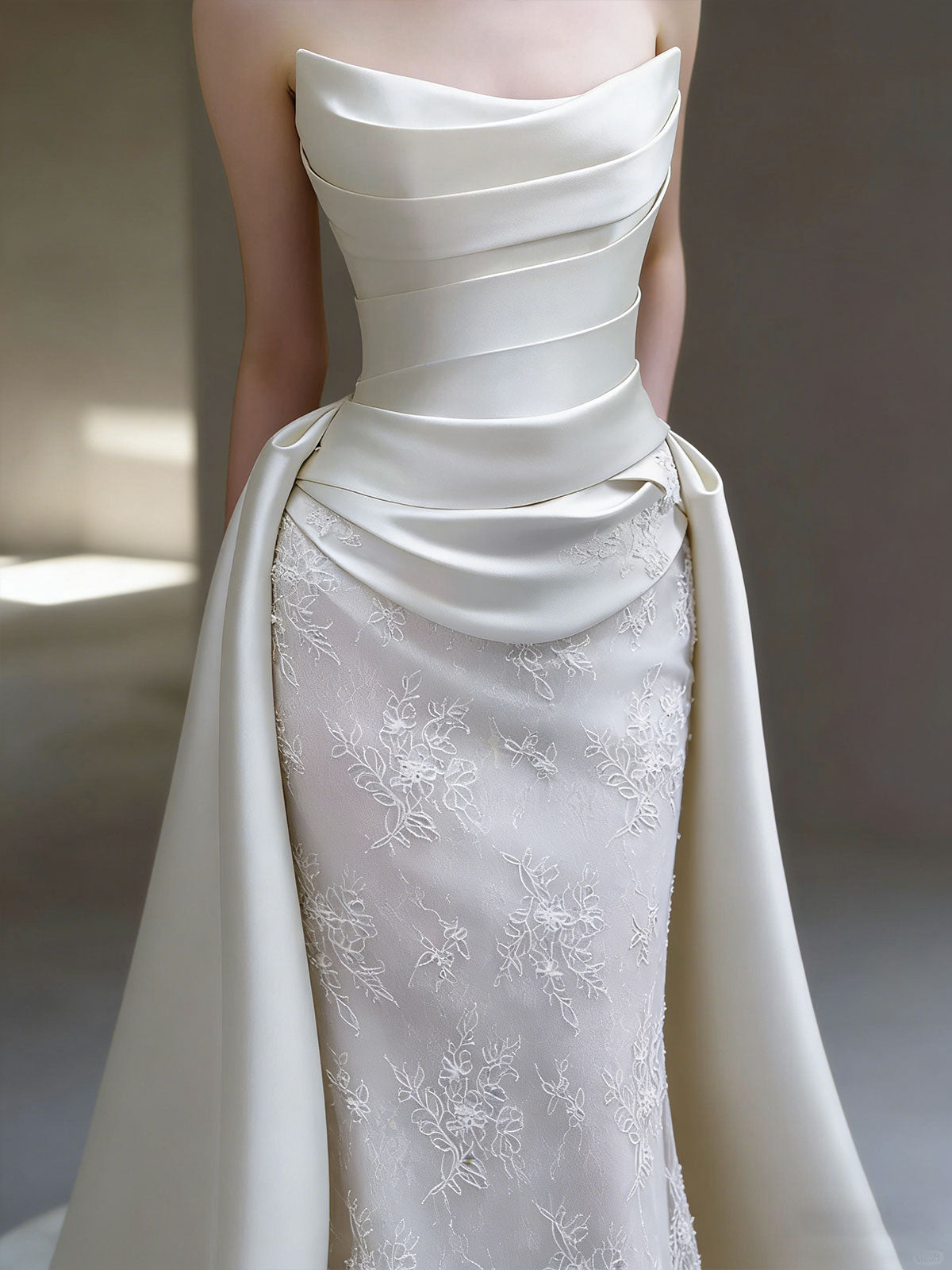 Strapless Satin Lace Mermaid Wedding Dress with Overskirt Train