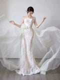 Ivory Lace & Organza Strapless Mermaid Wedding Dress with Overskirt