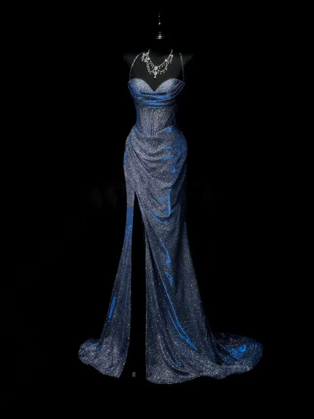 Blue Glitter Halter Neck High Slit Satin Mermaid Prom Gown