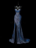 Blue Glitter Halter Neck High Slit Satin Mermaid Prom Gown