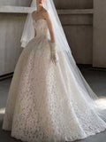 Vintage Lace Strapless Ball Gown Wedding Dress with Long Gloves & Veil