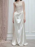 Ivory One-Shoulder Pearl Beaded Satin Maxi Gown