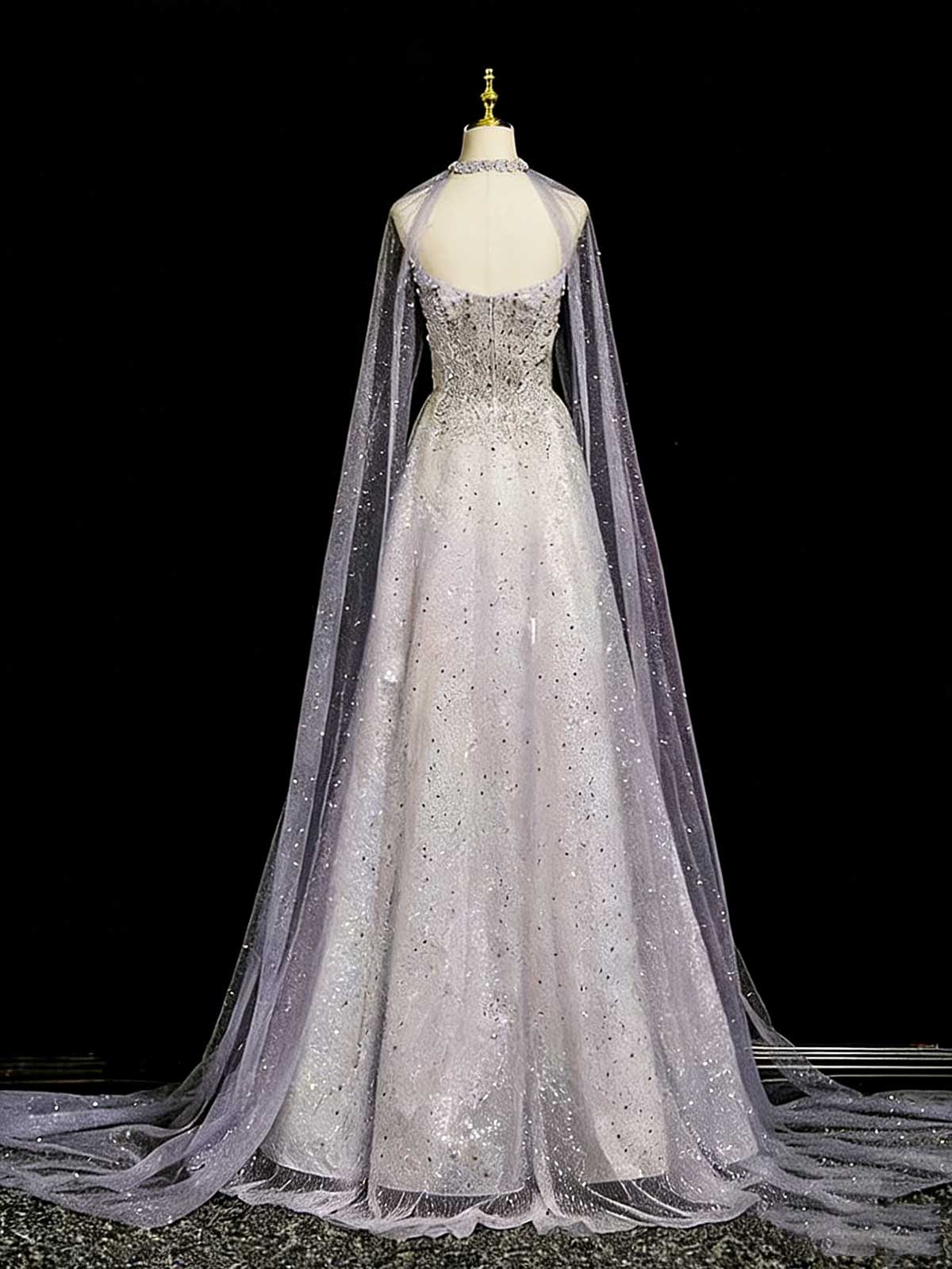 Lavender Gray Beaded Cape Sleeve Mermaid Evening Gown with Train