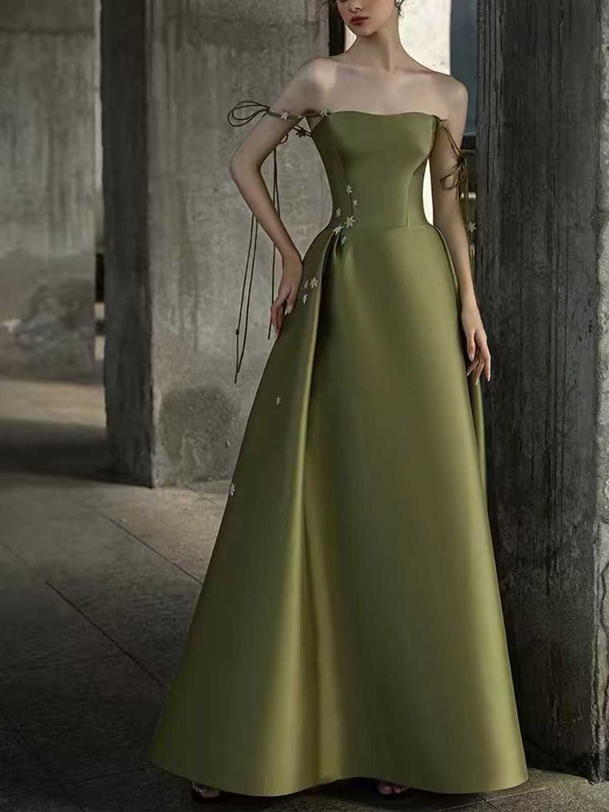 Olive Green Strapless Satin Evening Gown with Star Embroidery